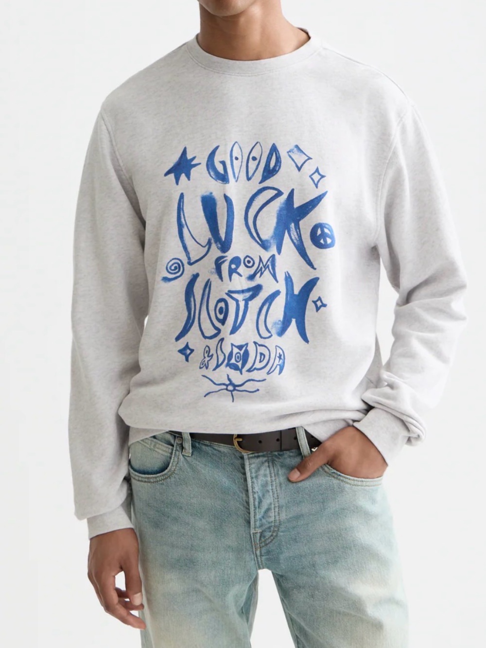 Scotch & Soda Light Gray Crewneck with Blue Graphic”good luck from scotch & soda